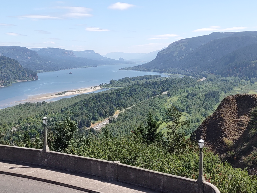 The view looking back up the Columbia River Gorge